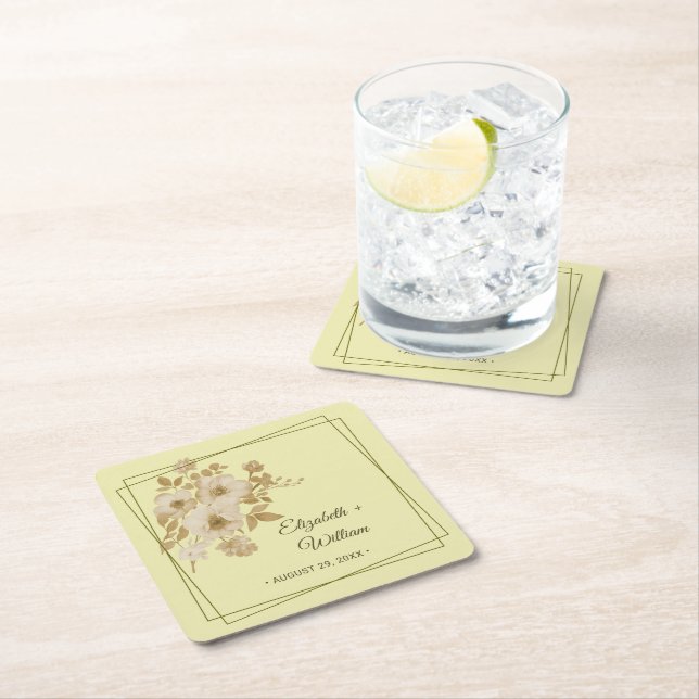 Rose Frame – Celestial Yellow Wedding Square Paper Coaster (Insitu)