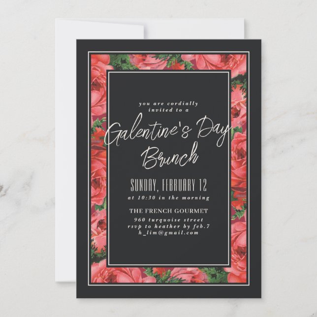 Rose Frame Galentine's Day Invitation - Black (Front)