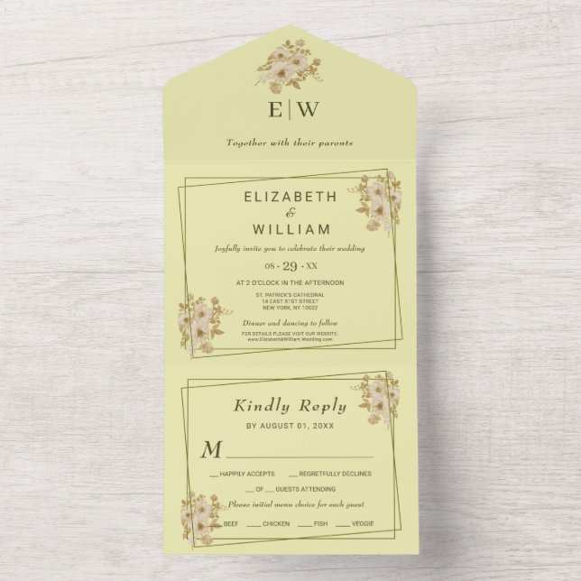 Rose Frame – Monogram Celestial Yellow Wedding All In One Invitation (Inside)