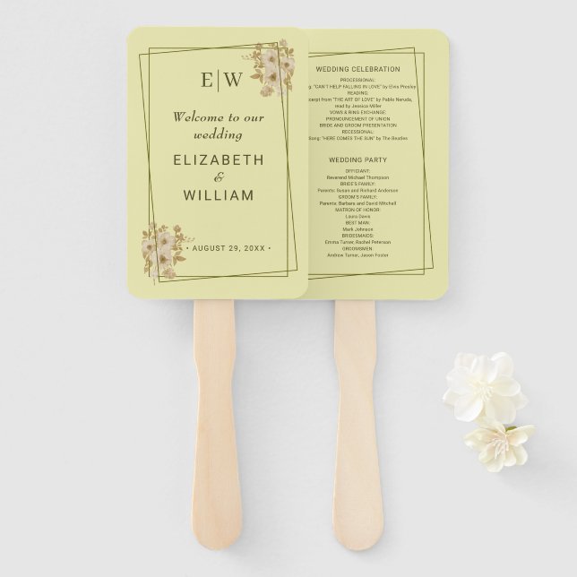 Rose Frame – Monogram Celestial Yellow Wedding Hand Fan (Front and Back)