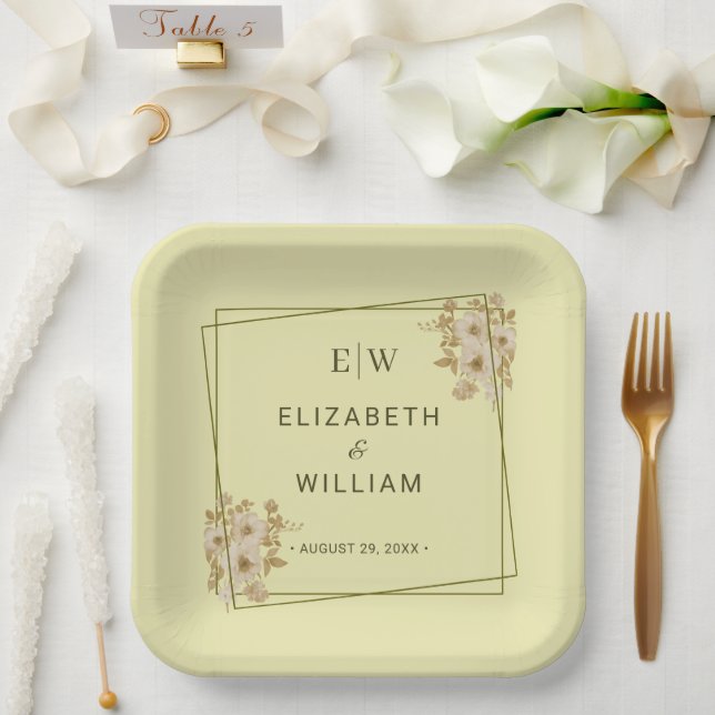 Rose Frame – Monogram Celestial Yellow Wedding Paper Plate (Wedding)