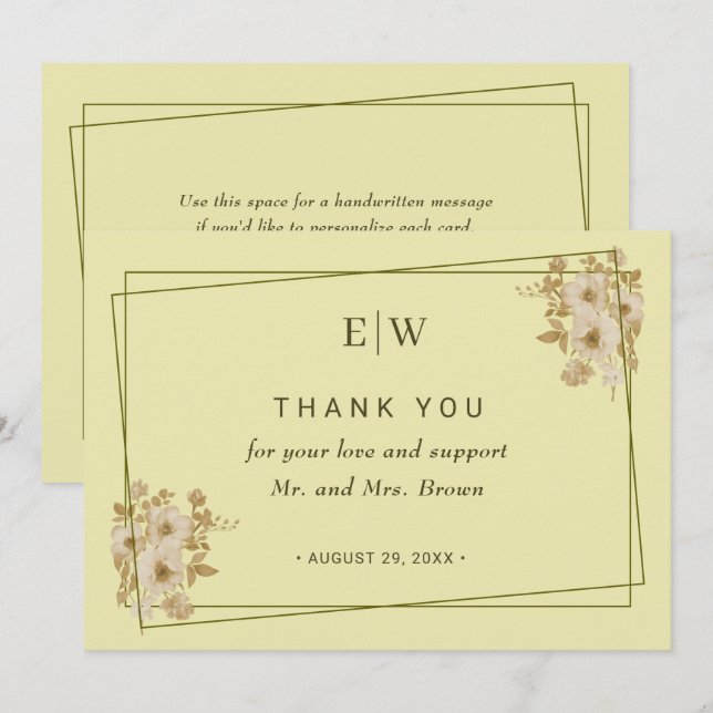 Rose Frame – Monogram Celestial Yellow Wedding Thank You Card (Front/Back)