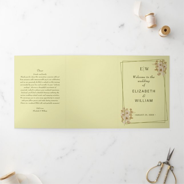 Rose Frame – Monogram Celestial Yellow Wedding Tri-Fold Programme (Outside)
