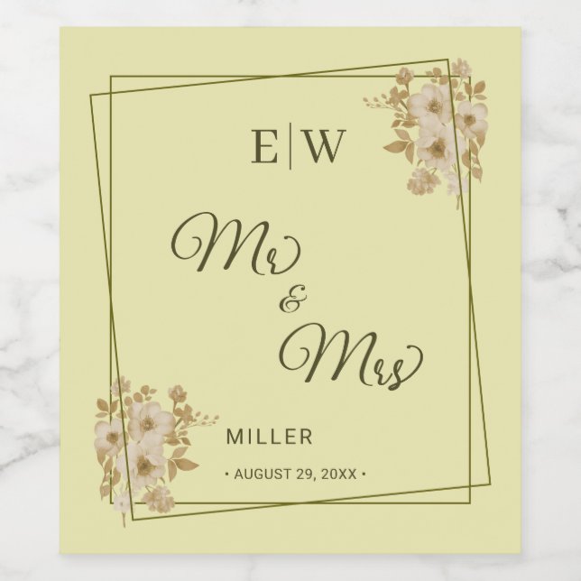 Rose Frame – Monogram Celestial Yellow Wedding Wine Label (Single Label)