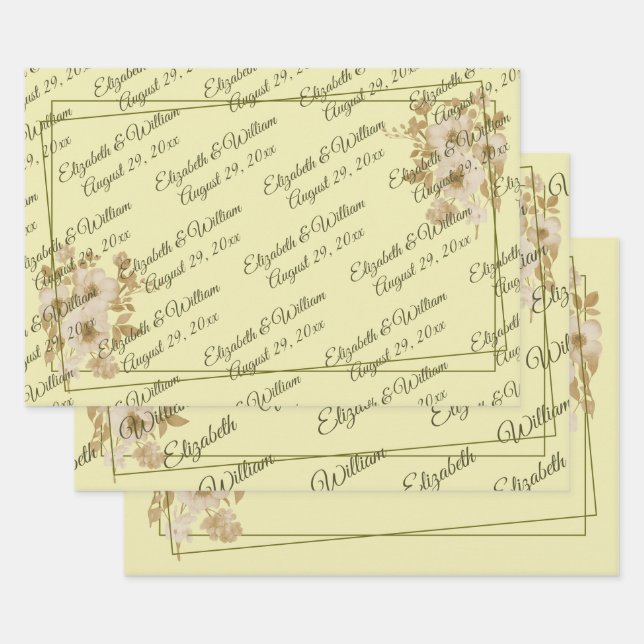 Rose Frame – Monogram Celestial Yellow Wedding Wrapping Paper Sheet (Set)