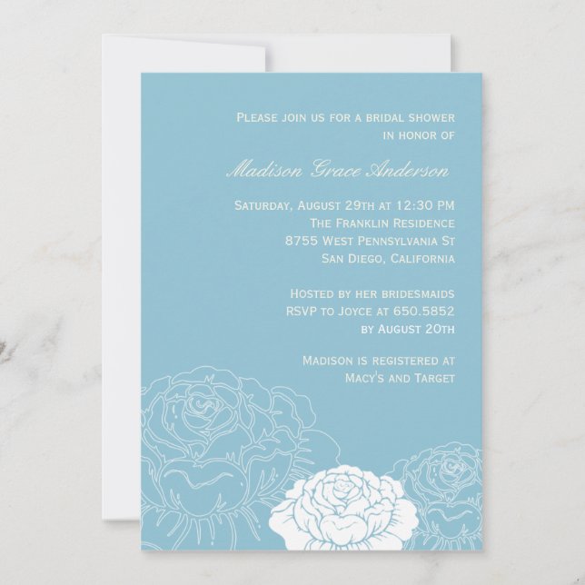 Rose Garden Bridal Shower Invitation - Soft Blue (Devant)