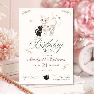 Rose Garden Cat Birthday Invitation for Girls