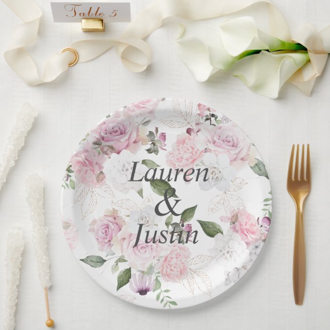 Rose Garden Floral Monogram Wedding Paper Plate (Wedding)
