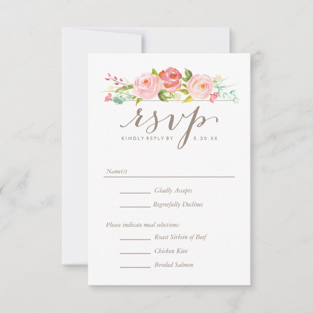 Rose Garden Floral Wedding RSVP with Menu Options (Front)