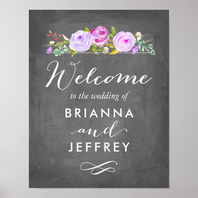 Rose Garden Floral Wedding Welcome Sign Chalkboard (Front)