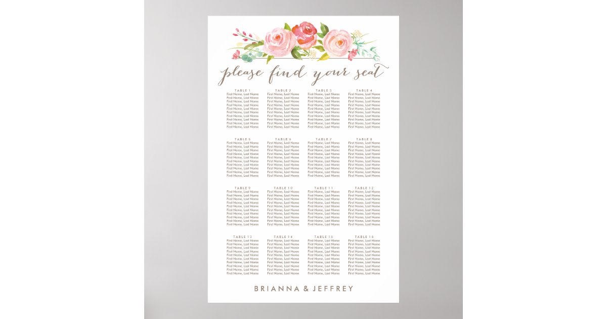 Rose Garden Floral White Seating Chart Poster Zazzle