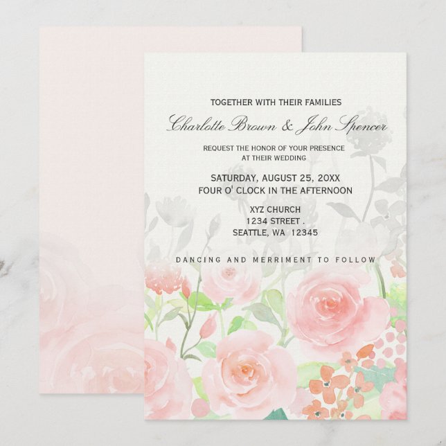 Rose Garden Moderne Floral invitations de mariage (Devant / Derrière)