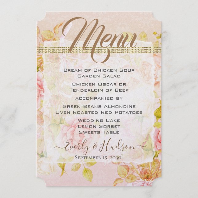 Rose Garden Pink Roses Gold Photo Wedding Menu (Front)