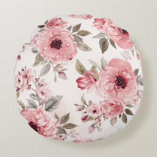Rose Garden Pink Watercolor Floral Blush Botanical Round Pillow