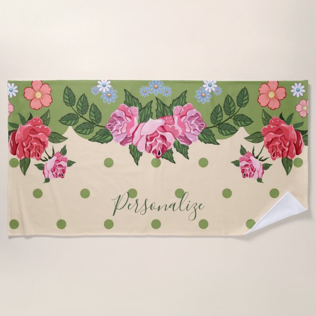 Rose Garden Red Pink Green Floral Personalized Beach Towel (Front)