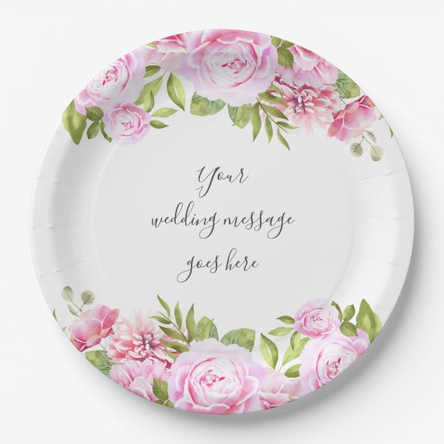 Rose Garden Script Wedding Message Paper Plate (Front)