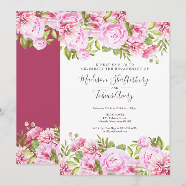 Rose Garden Watercolour Floral Engagement Party Invitation (Front/Back)