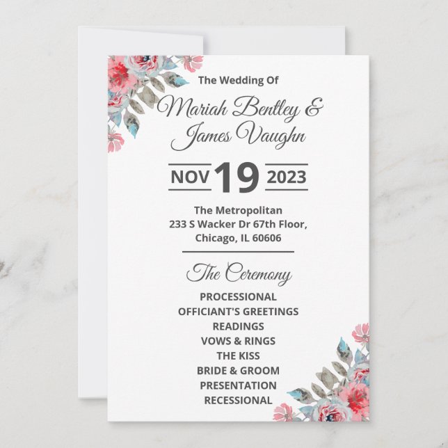 Rose Garden Wedding Program Wide (Front)