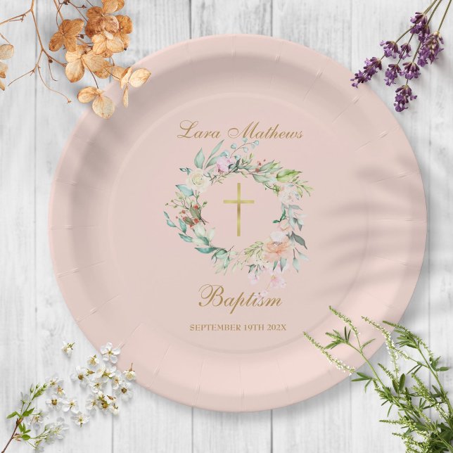 Rose Garland Baptism Christening Blush Pink Paper Plate (Creator Uploaded)