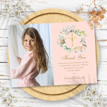 Rose Garland Floral First Holy Communion Photo  Thank You Card<br><div class="desc">Featuring a pretty rose watercolour floral garland on a blush pink background. This chic first holy communion thank you card can be personalized with your own photo and special thank you message. You can customise the reverse to your favourite colour or add additional information. Designed by Thisisnotme©</div>