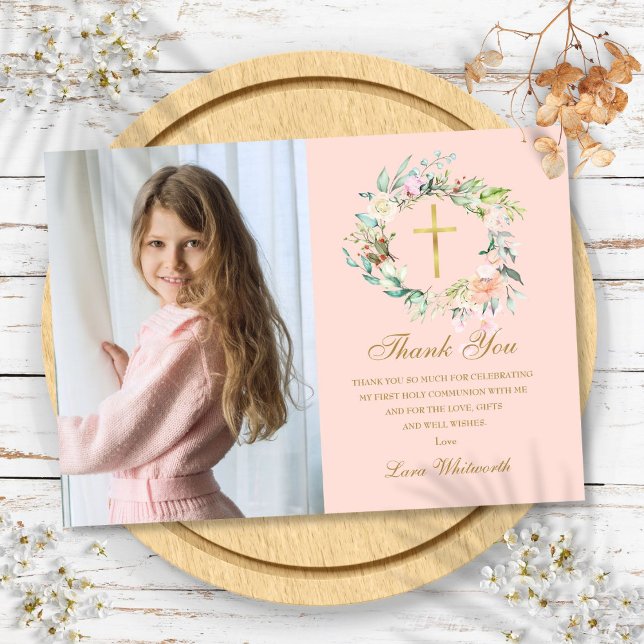 Rose Garland Floral First Holy Communion Photo  Thank You Card (Rose Garland Floral First Holy Communion Photo Thank You Card)
