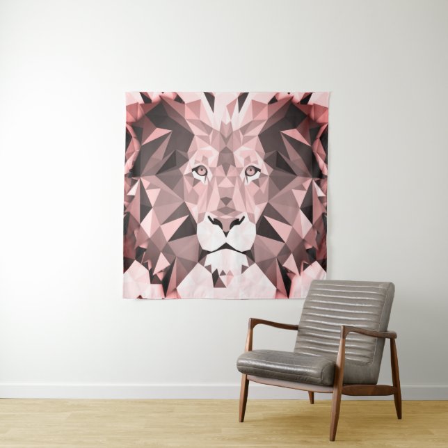 Rose Geometric Lion Head  Tapestry (In Situ)