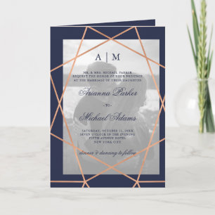 Rose Geometric Midnight Blue Photo Wedding Folded Invitation
