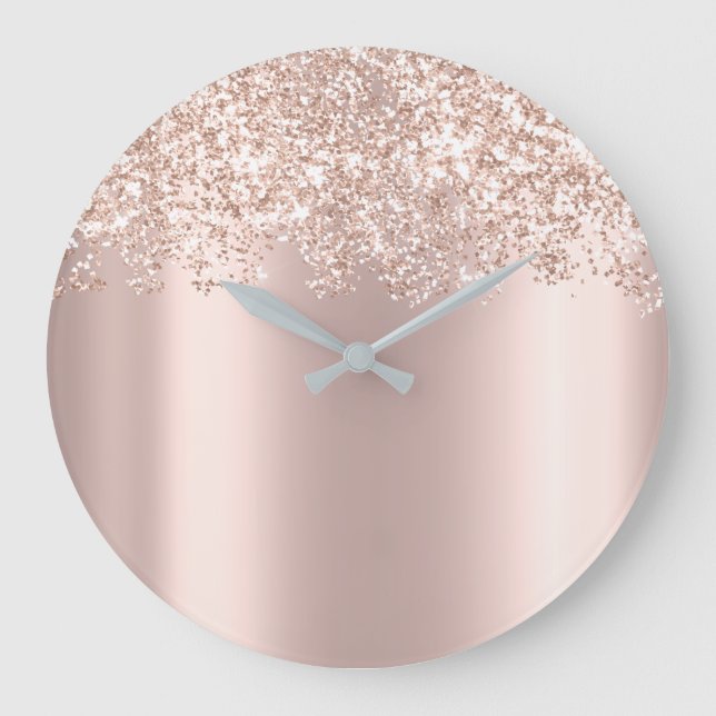 Rose Girly Glam  Spark Glitter Drip Blush Glitter Large Clock (Front)
