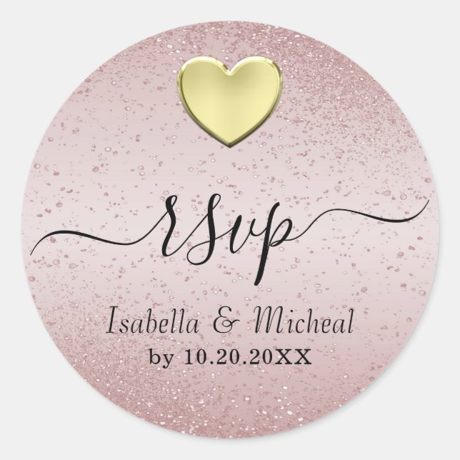 Rose Glitter and Gold Heart - RSVP  Classic Round Sticker (Front)