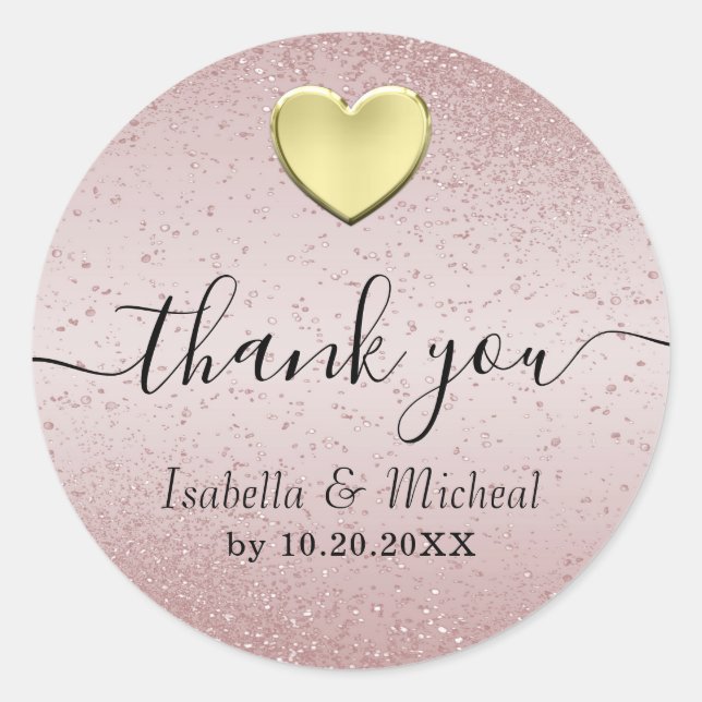Rose Glitter and Gold Heart - Thank You Classic Round Sticker (Front)