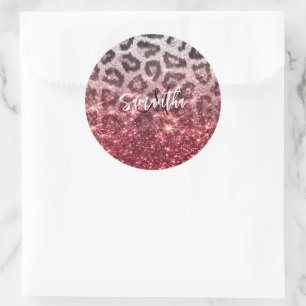 Rose Glitter and Leopard Print Classic Round Sticker