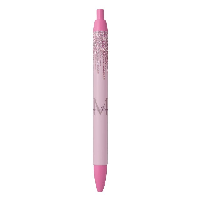  Rose Glitter Drips Personalized Monogram And Name Black Ink Pen (Front Vertical)