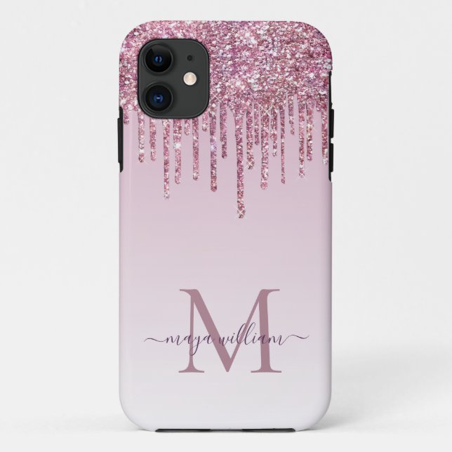  Rose Glitter Drips Personalized Monogram And Name Case-Mate iPhone Case (Back)