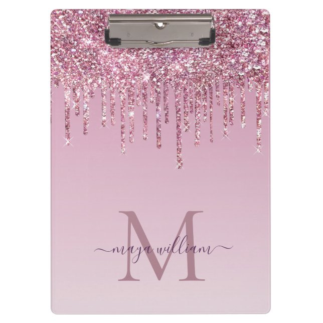  Rose Glitter Drips Personalized Monogram And Name Clipboard (Front)