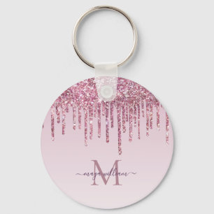 Rose Glitter Drips Personalized Monogram And Name Keychain