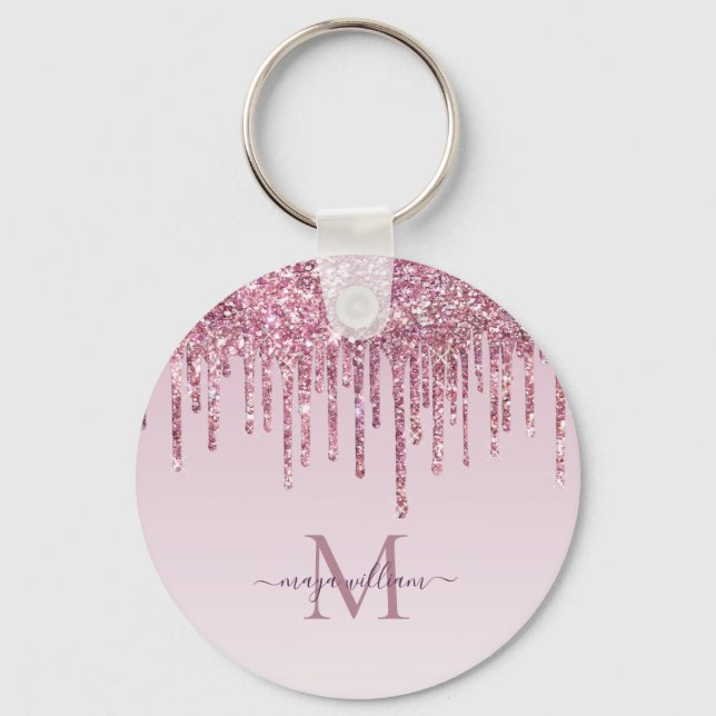  Rose Glitter Drips Personalized Monogram And Name Keychain (Front)