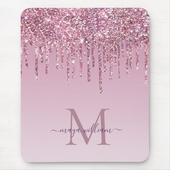  Rose Glitter Drips Personalized Monogram And Name Mouse Pad (Front)