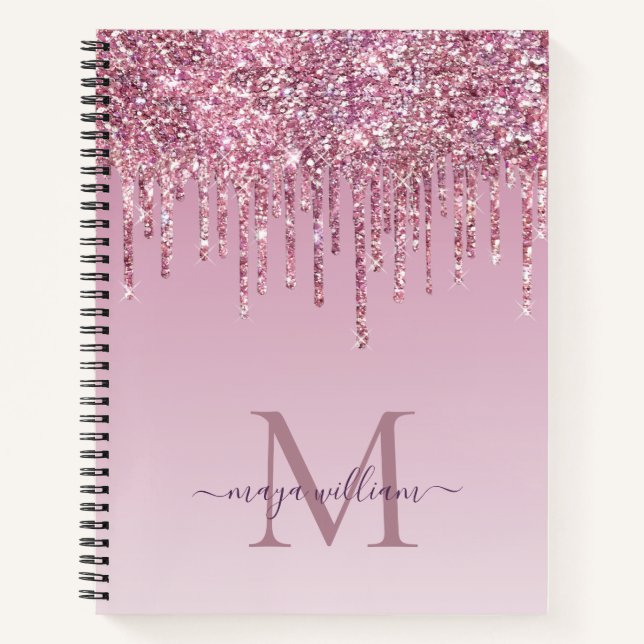  Rose Glitter Drips Personalized Monogram And Name Notebook (Front)