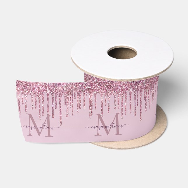  Rose Glitter Drips Personalized Monogram And Name Satin Ribbon (Spool)
