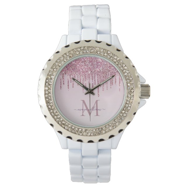  Rose Glitter Drips Personalized Monogram And Name Watch (Front)