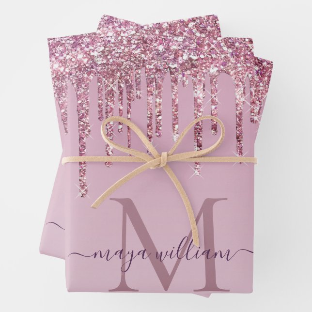  Rose Glitter Drips Personalized Monogram And Name Wrapping Paper Sheet (In situ)