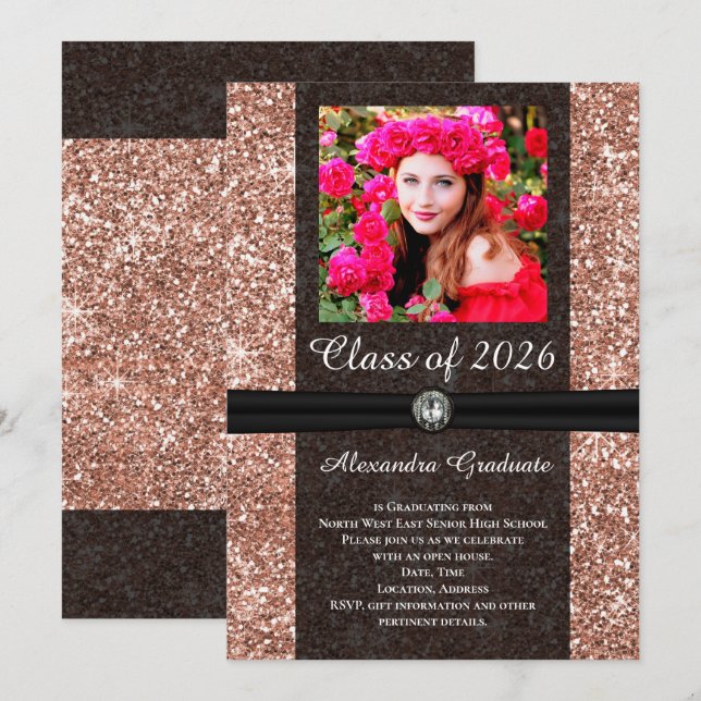 Rose Glitter Gem Photo Class of 2025 Graduation Invitation (Front/Back)