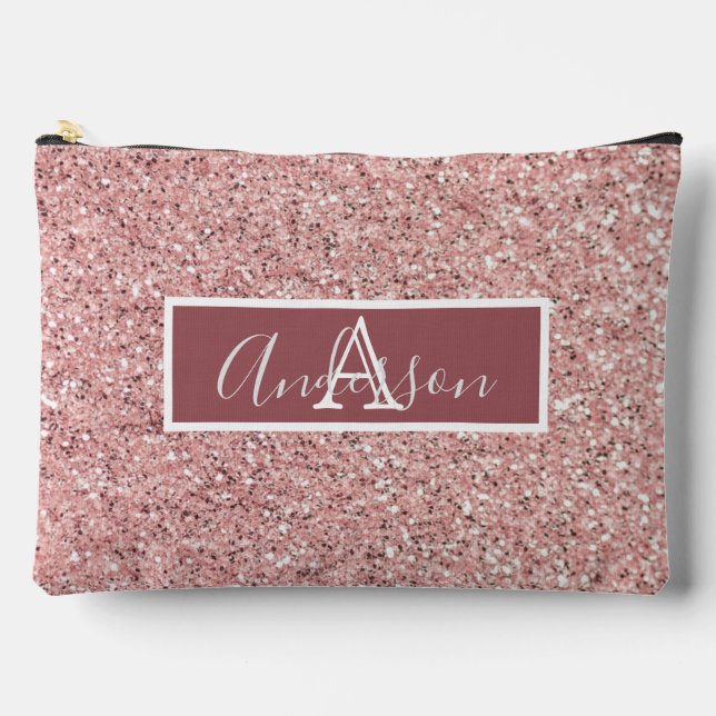 Rose Glitter Monogram Name  Accessory Pouch (Front)