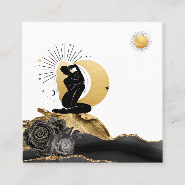 *~* Rose Goddess Black Gold Moon Sun Square Business Card (Front)