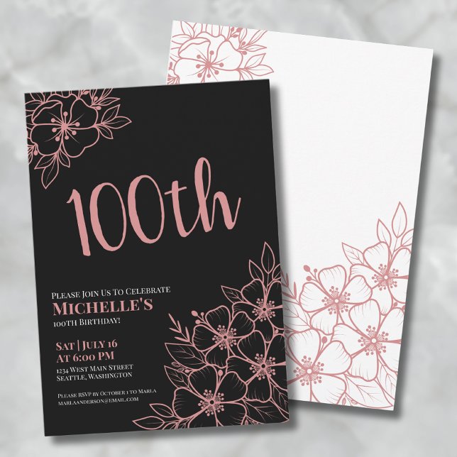 Rose Gold 100th Birthday Party Invitation (Rose Gold Elegant 100th Birthday Party Invitation)