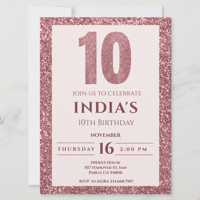 rose gold 10th birthday invitation (Front)