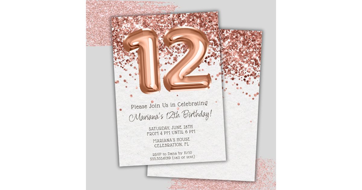 Rose Gold 12th Birthday Party Invitation | Zazzle