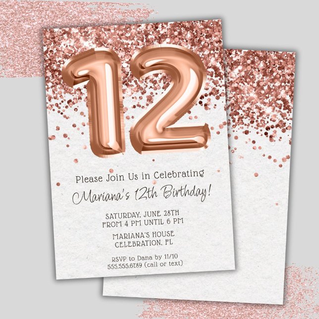 Rose Gold 12th Birthday Party Invitation (Creator Uploaded)