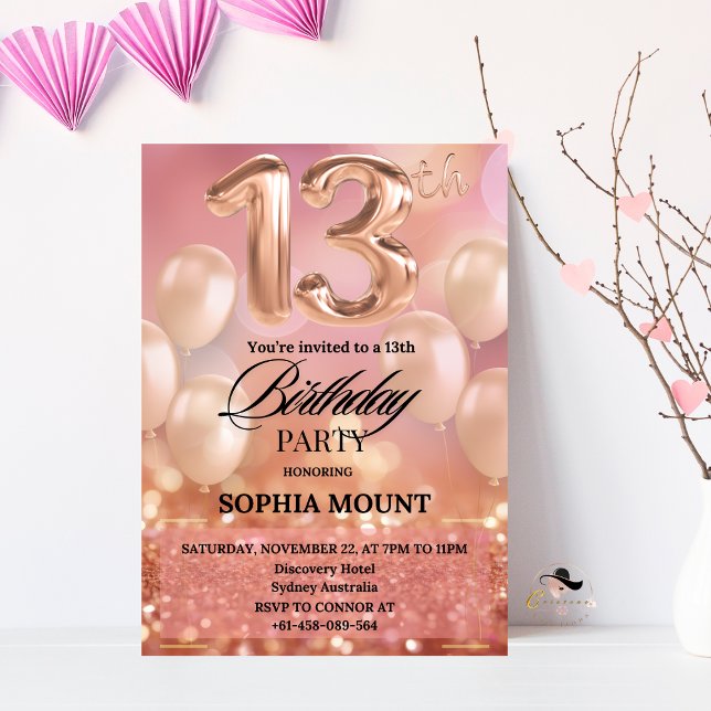 Rose Gold 13e anniversaire fête rose Invitations (Créateur téléchargé)