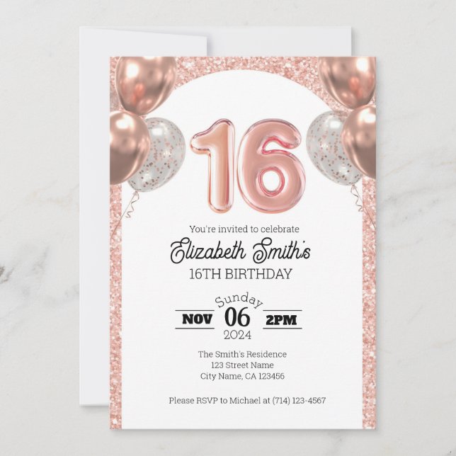 Rose Gold 16e anniversaire Invitation Modèle (Devant)